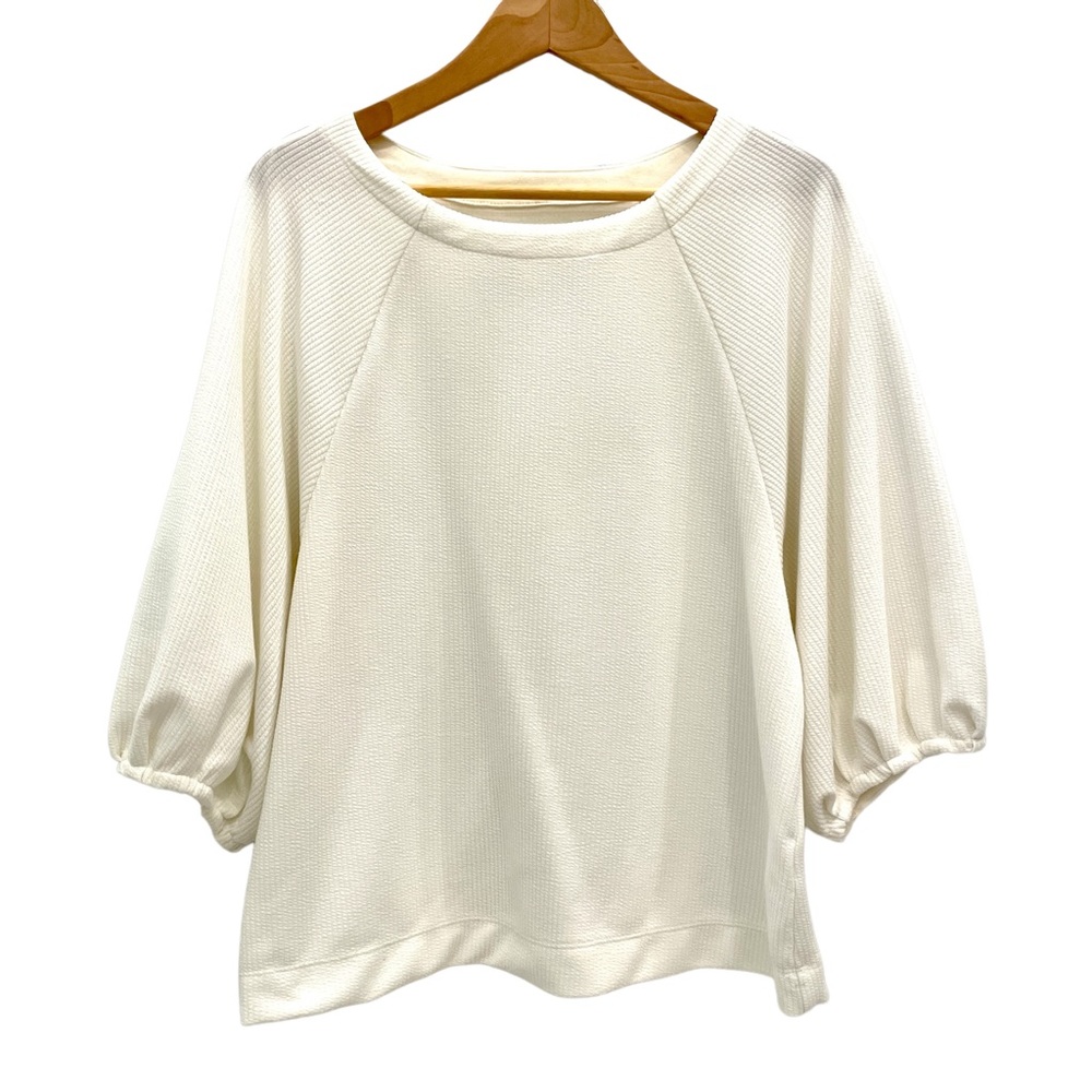 Anthropologie Maeve Medium Soft White Ribbed 3/4 Puff Sleeve Top